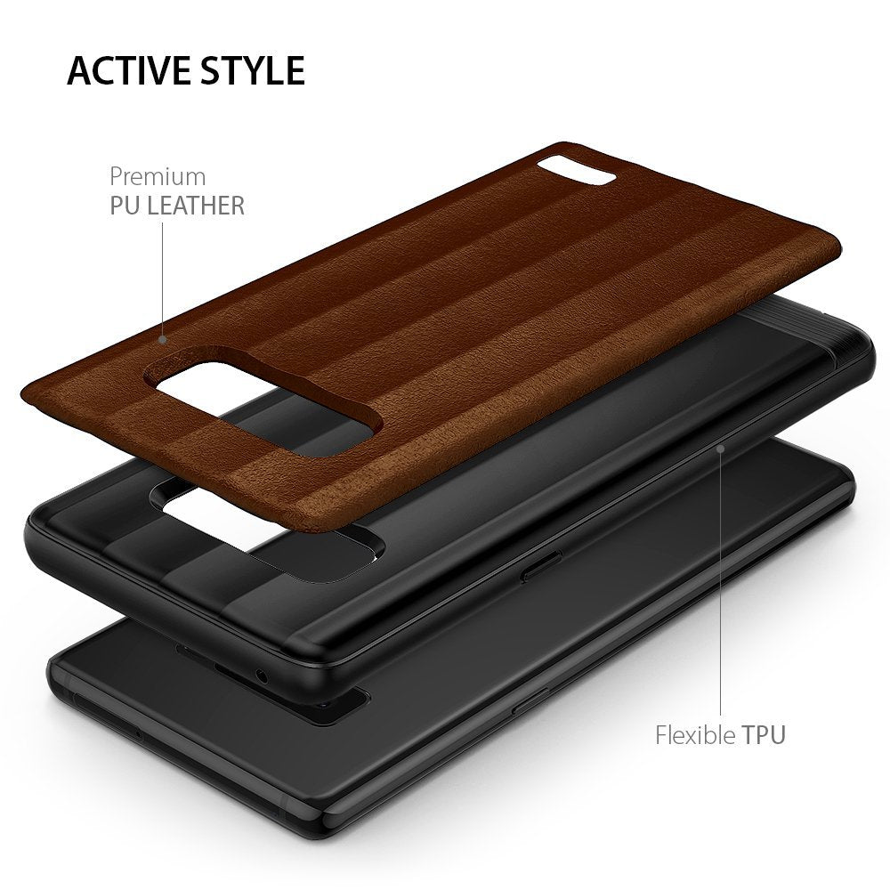 Galaxy Note 8 Case | Flex S - Exploded view of a brown leather and black TPU phone case with labels for materials.