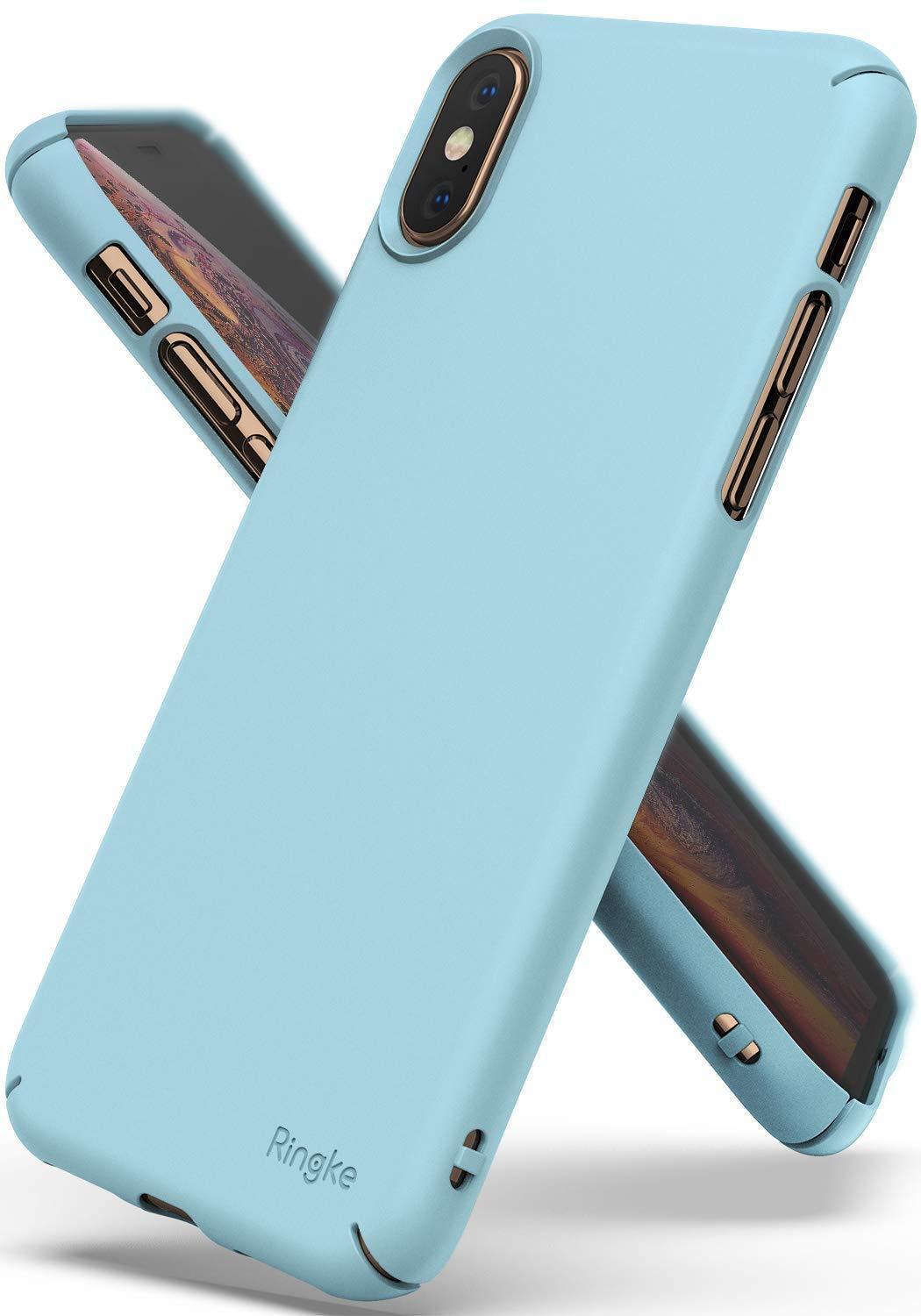 iPhone XS Case | Slim - Two light blue slim phone cases shown from back and side angles with precise cutouts and branding.