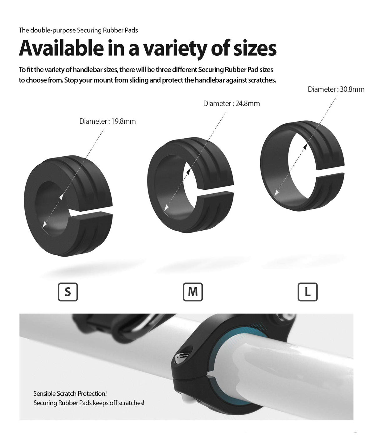 Spider Grip Bike Mount - Three rubber spacer rings in sizes S, M, and L shown with diameters and a bike handlebar application.