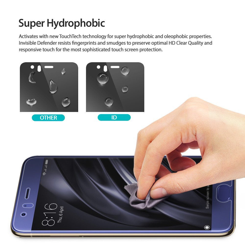 Xiaomi Mi 6 Screen Protector | Invisible Defender - Xiaomi Mi 6 Screen Protector - Comparison of water beading on standard versus hydrophobic screen protector surfaces.