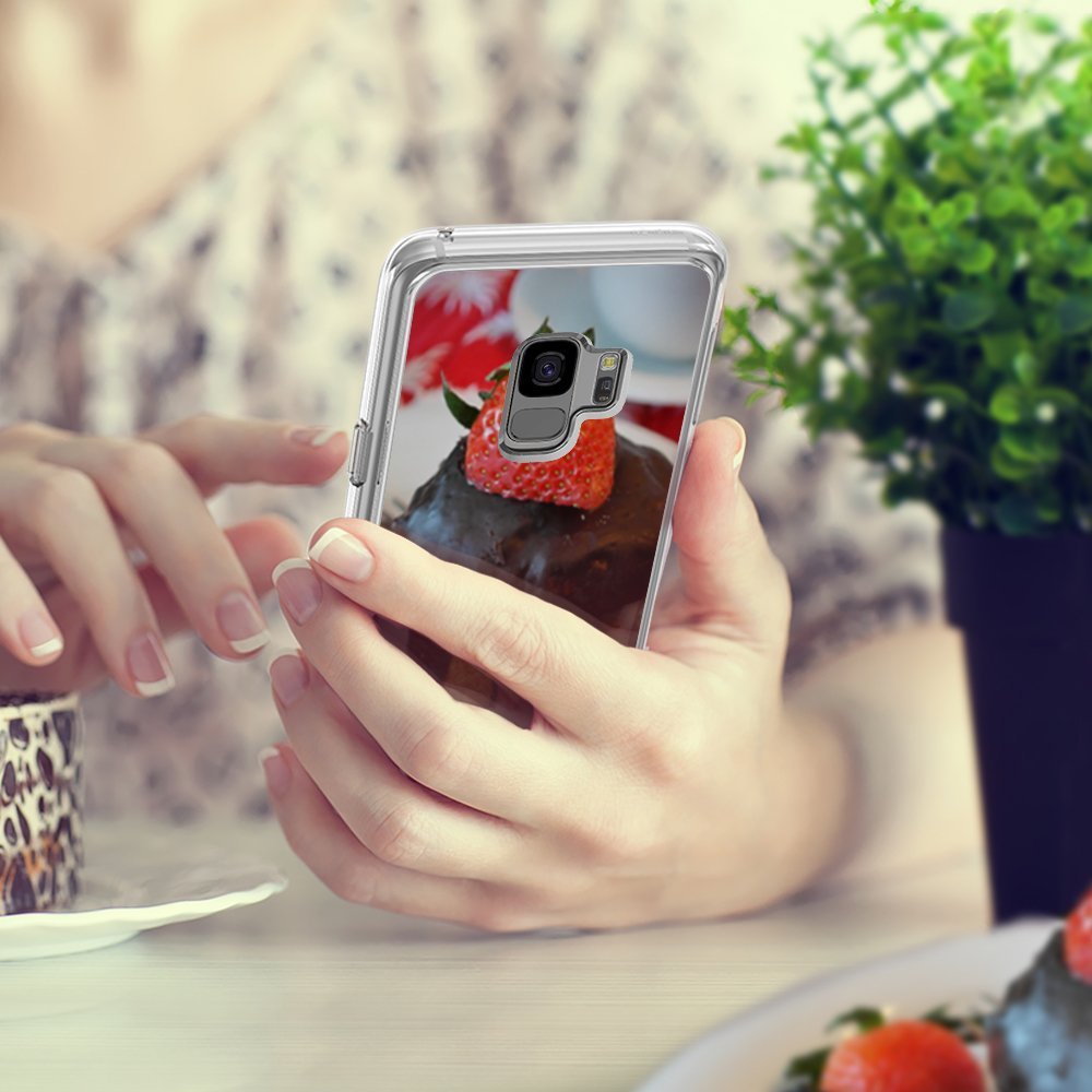Galaxy S9 Case | Mirror - Silver - Silver mirror phone case reflecting a chocolate strawberry dessert held by a woman.