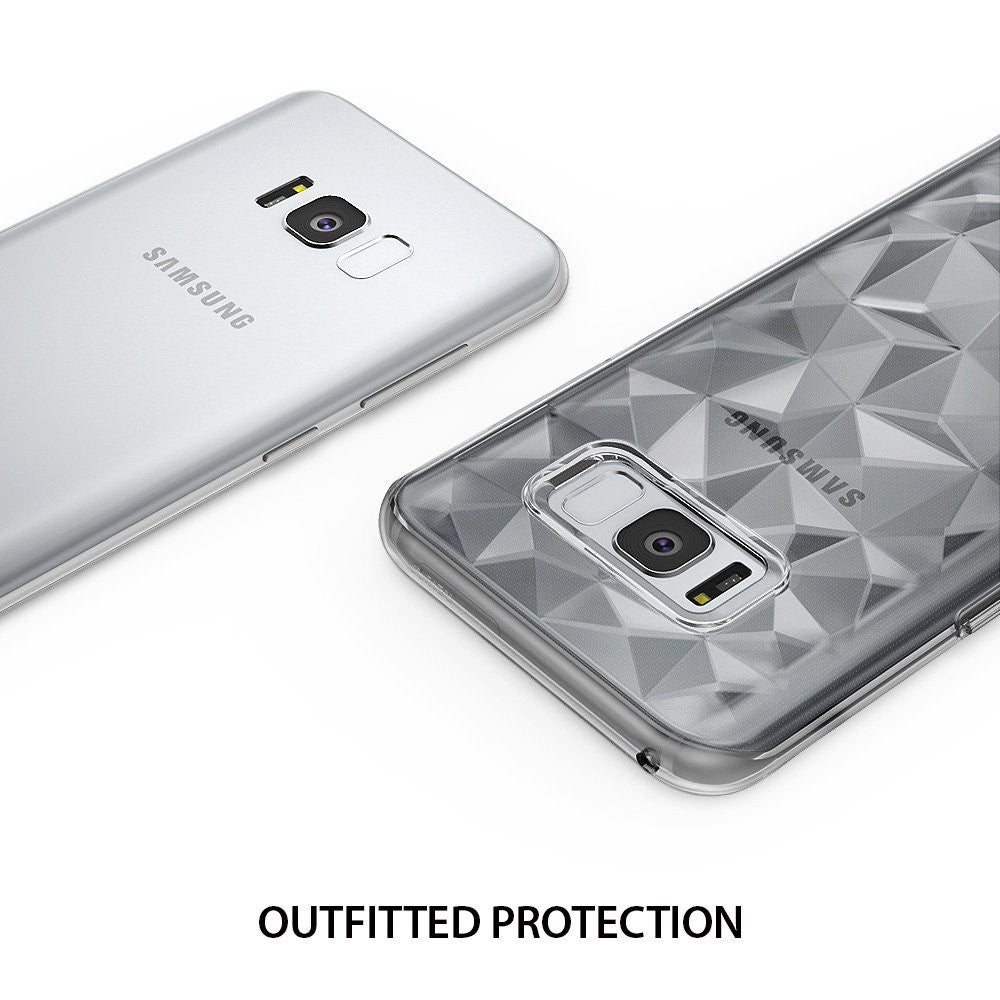 Galaxy S8 Case | Air Prism - Silver Galaxy S8 beside a clear phone case with a geometric, prism-patterned back design.