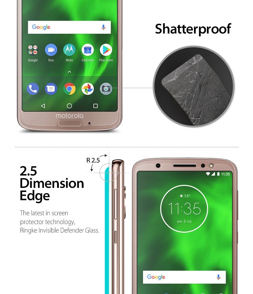 Moto G6 Screen Protector | Glass - Shatterproof glass overlay and 2.5D rounded edge design for a Motorola smartphone.