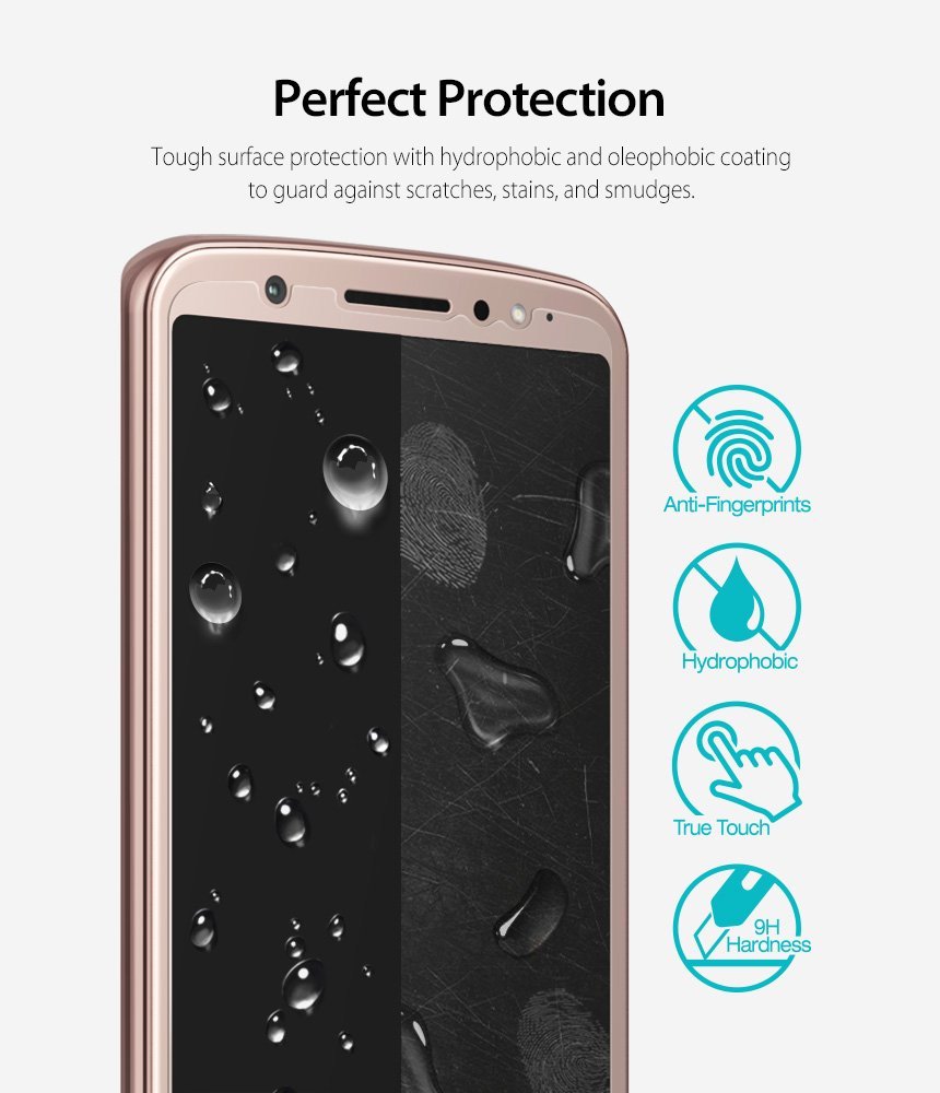 Moto G6 Screen Protector | Glass - Moto G6 Screen Protector - Smartphone screen with water droplets and icons showing anti-fingerprint and scratch resistance.