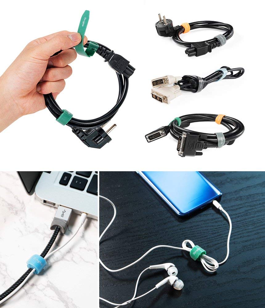 Magic Cable Tie - Hand holding a coiled cable secured with colorful Velcro straps, shown in various organized configurations.