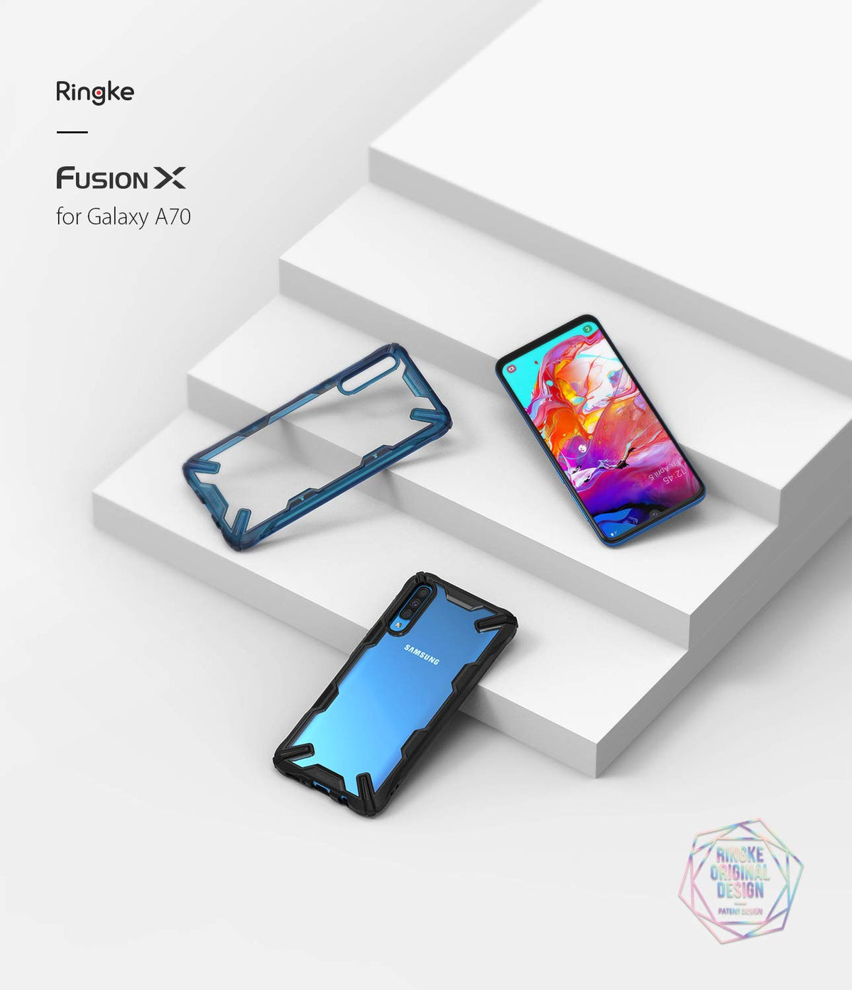 Galaxy A70 Case | Fusion-X - A Samsung Galaxy A70 phone and two Fusion-X protective cases displayed on white tiered platforms.