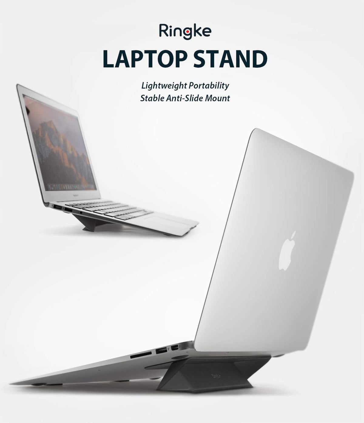 Laptop Stand - Two views of a silver laptop elevated by a compact, black adhesive stand on a white background.