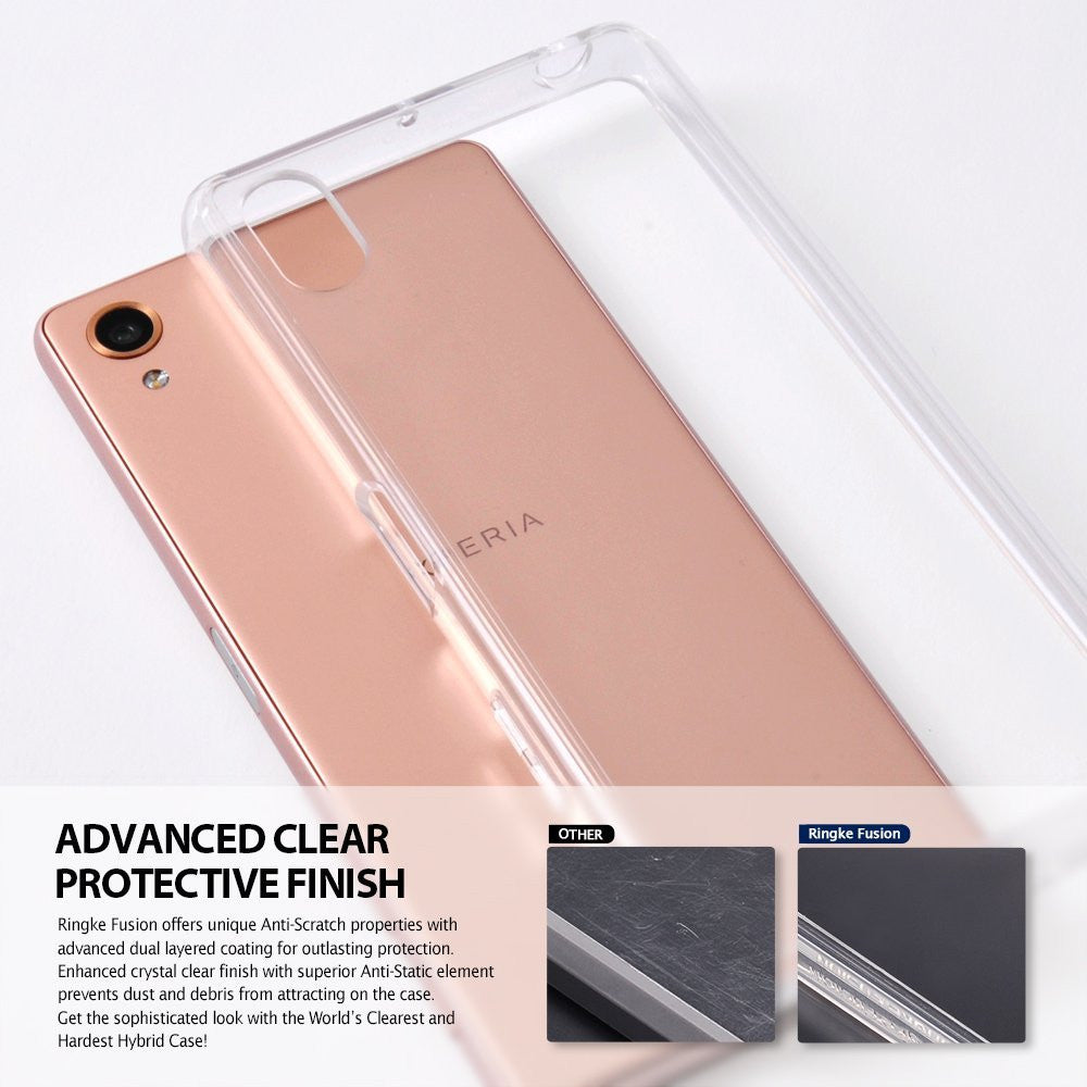 Xperia X Case | Fusion - A rose gold smartphone partially inside a transparent, clear protective phone case.