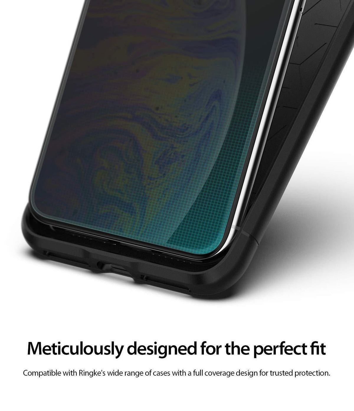iPhone XS Screen Protector | Dual Easy Film - Close-up of a smartphone screen with a protective film showing a grid pattern.