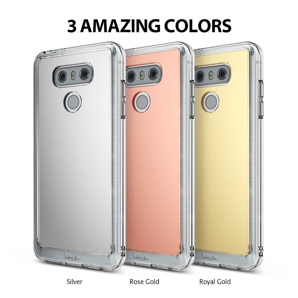 LG G6 Case | Mirror - Three LG G6 phones in silver, rose gold, and royal gold mirror cases against a white background.