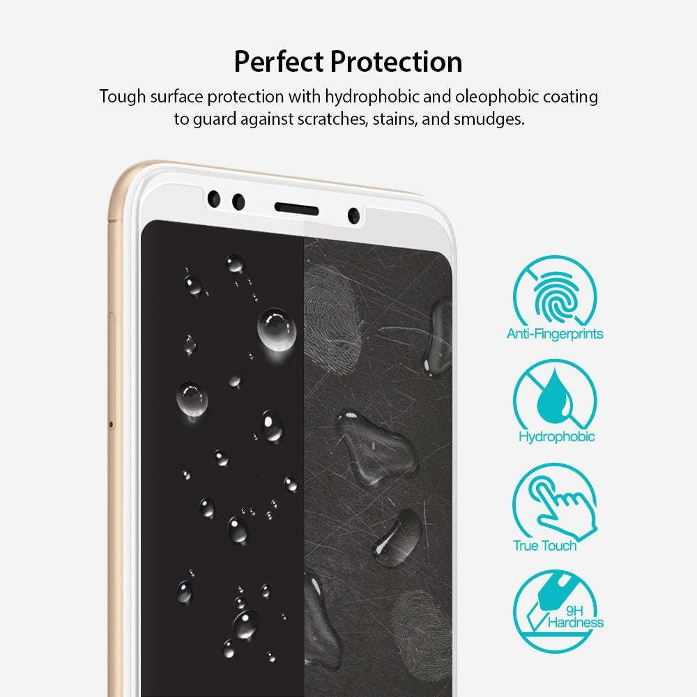 Redmi Note 5 / 5 Plus Screen Protector | Invisible Defender - Redmi Note 5 / 5 Plus Screen Protector - Smartphone with water droplets and icons showing anti-fingerprint and 9H features.