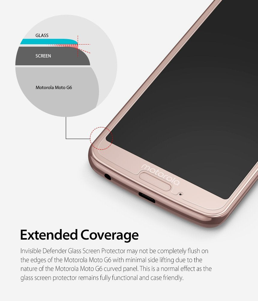 Moto G6 Screen Protector | Glass - Diagram showing glass screen protector edge fit on a curved Motorola Moto G6.