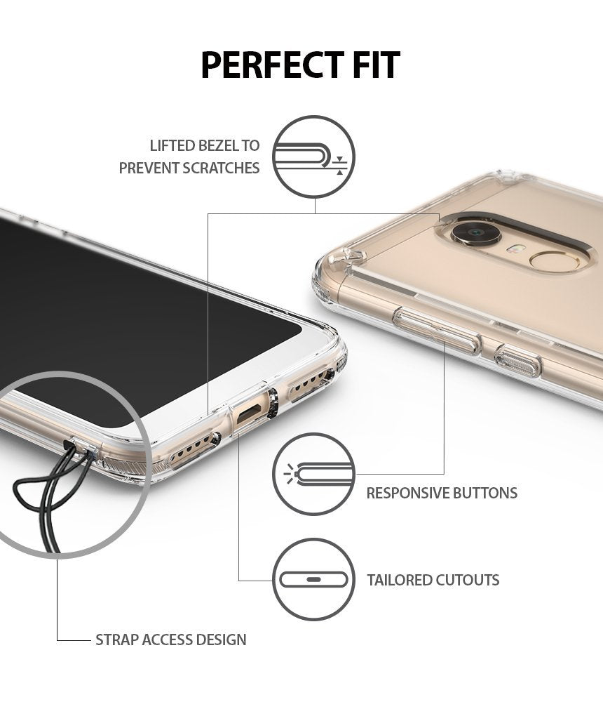 Redmi Note 5 / 5 Plus | Fusion - Diagram highlighting case features: lifted bezels, responsive buttons, cutouts, and strap.