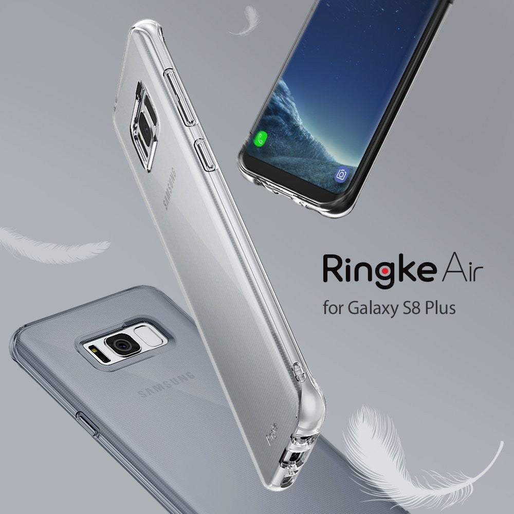 Galaxy S8 Plus Case | Air - Clear, slim protective phone case shown from multiple angles with floating feathers.