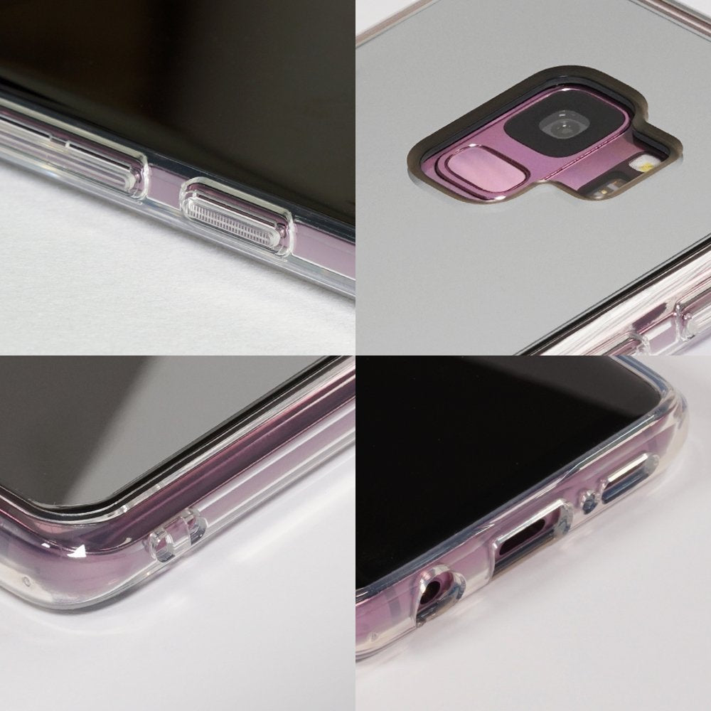Galaxy S9 Case | Mirror - Silver - Four close-up views of a silver mirror phone case showing camera, buttons, and ports.