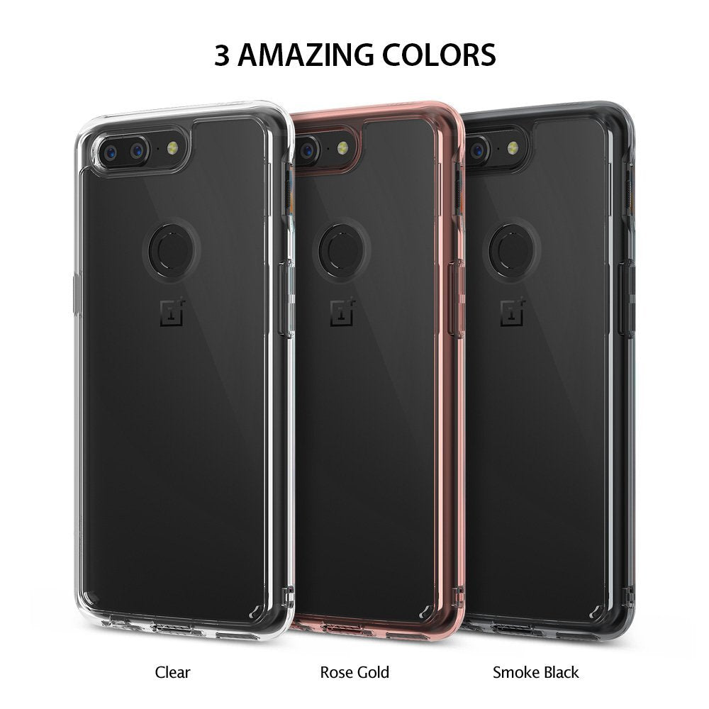 OnePlus 5T Case | Fusion - Three OnePlus 5T phone cases in clear, rose gold, and smoke black arranged side-by-side.
