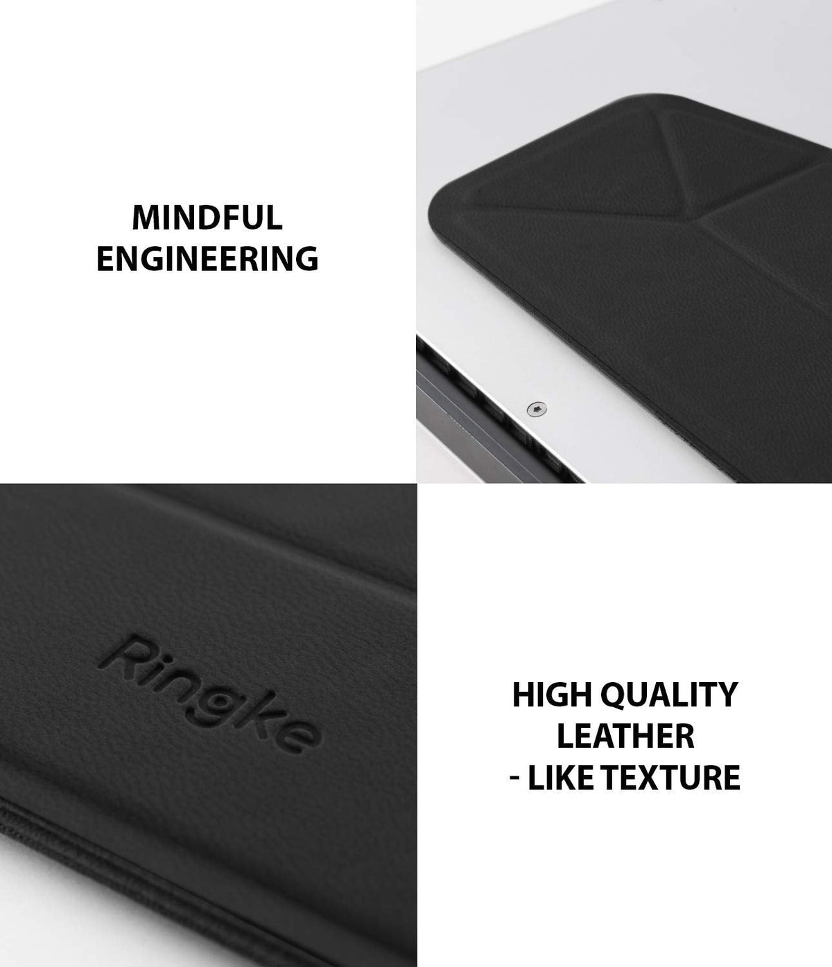 Laptop Stand - Close-up of a black, leather-textured foldable laptop stand with the Ringke logo embossed on the surface.