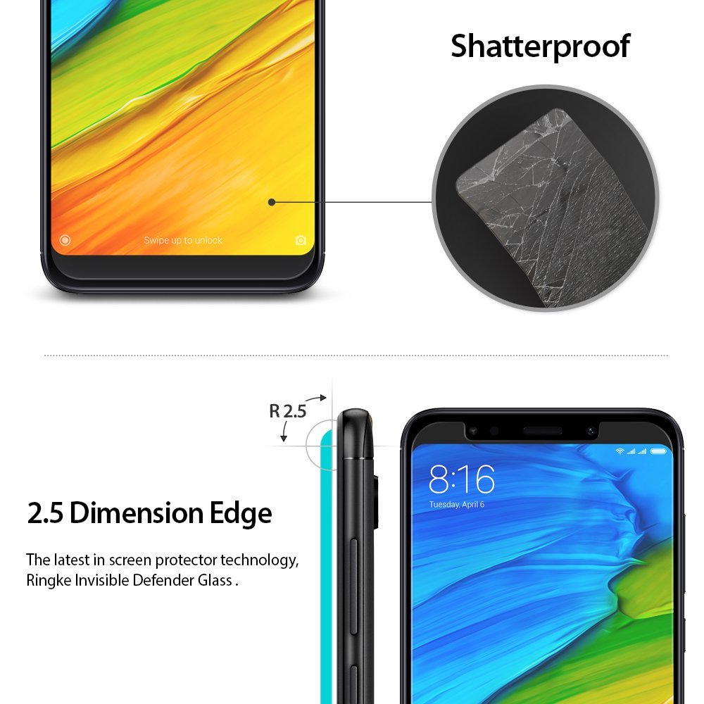 Redmi Note 5 / 5 Plus Screen Protector | Invisible Defender - Redmi Note 5 / 5 Plus Screen Protector - Shatterproof glass and 2.5D edge design shown on a smartphone display.