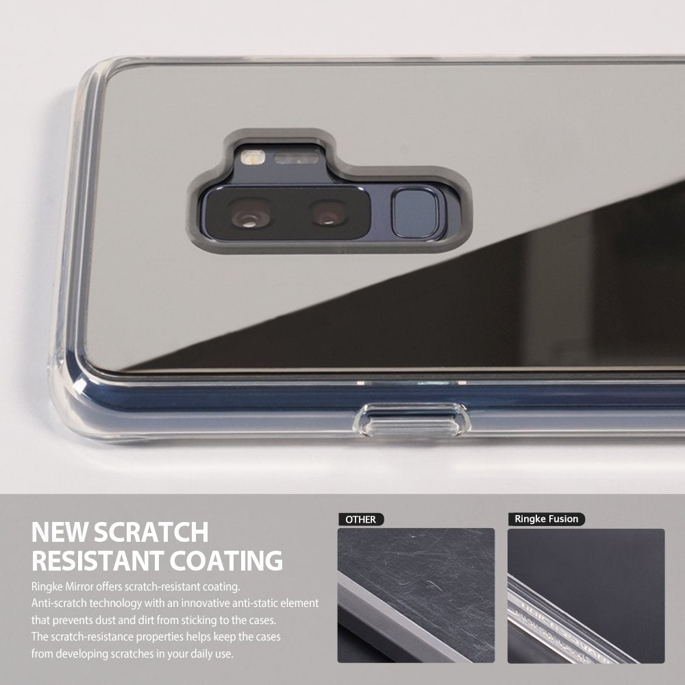 Galaxy S9 Plus Case | Mirror - Silver - Silver mirror phone case with camera cutout and scratch-resistant coating comparison.