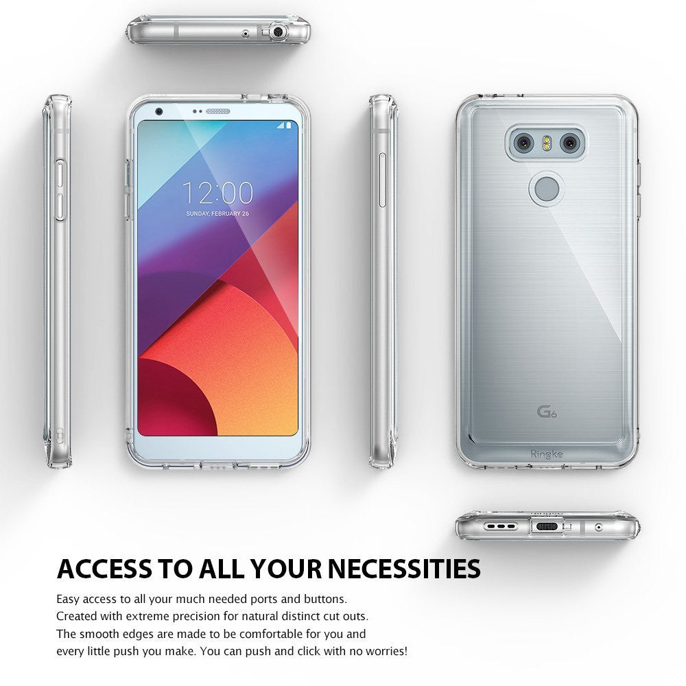 LG G6 Case | Fusion - Clear protective phone case shown from front, back, and side angles with precise port cutouts.