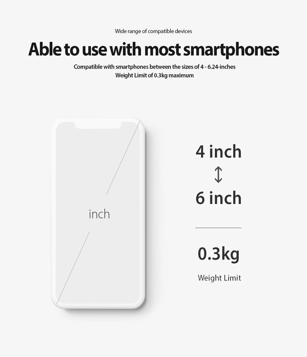 Spider Grip Bike Mount - Infographic showing smartphone compatibility for 4-6.24 inch screens and a 0.3kg weight limit.