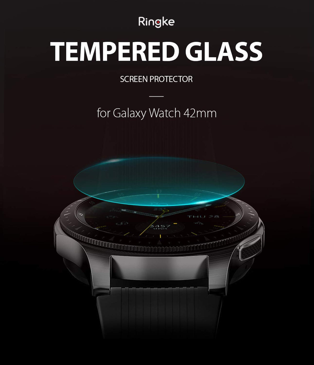 Galaxy Watch 42mm Screen Protector | Glass - A circular tempered glass screen protector hovering above a Galaxy Watch.