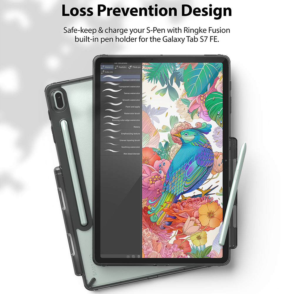 Galaxy Tab S7 FE Case | Fusion - Tablet in a clear protective case with a built-in S-Pen holder and stylus attached.