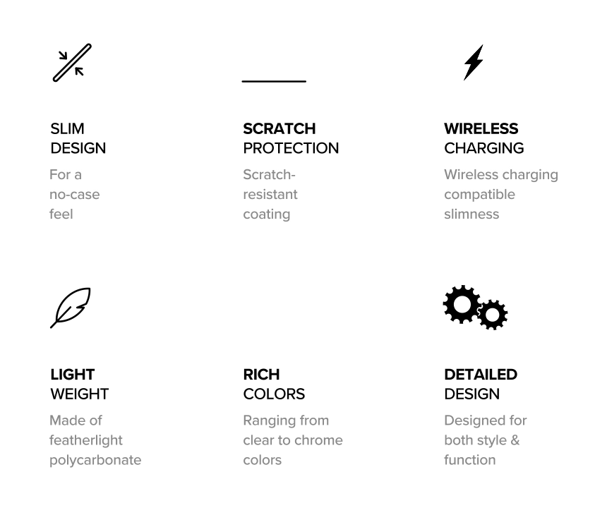 Galaxy Watch 6 44mm Case | Slim - Six icons and text labels highlighting slim design, protection, and charging features.
