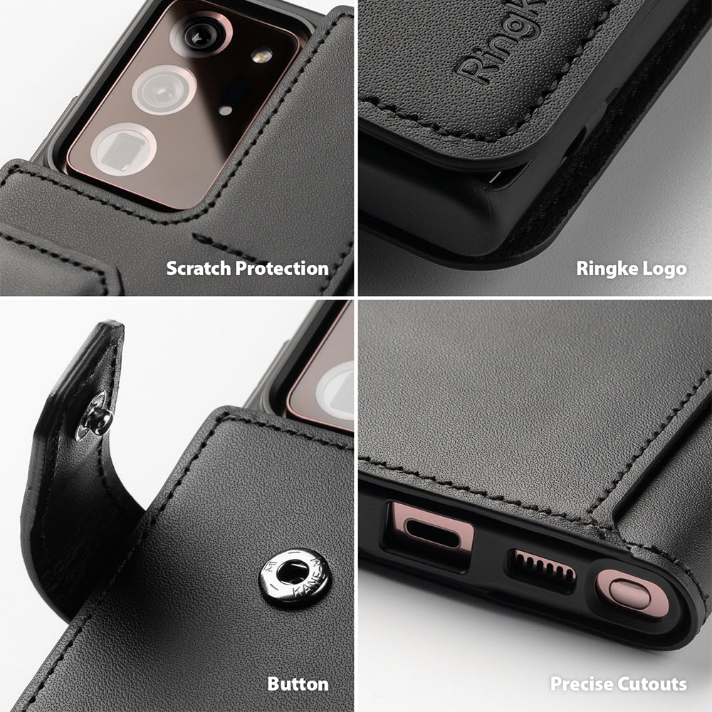 Galaxy Note 20 Ultra Case | Folio Signature+ - Four close-up views showing camera protection, logo, snap button, and ports.