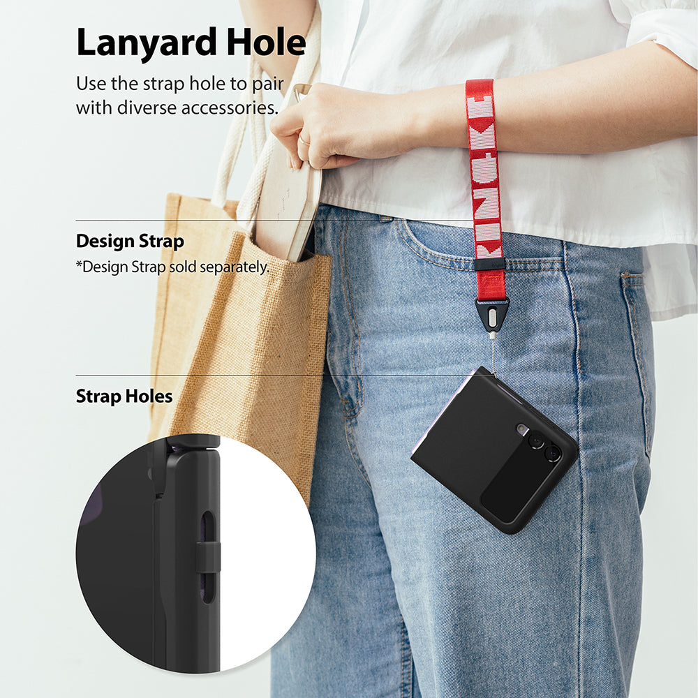 Galaxy Z Flip 3 Case | Slim - A person wearing a phone case with a red lanyard attached to a built-in strap hole.