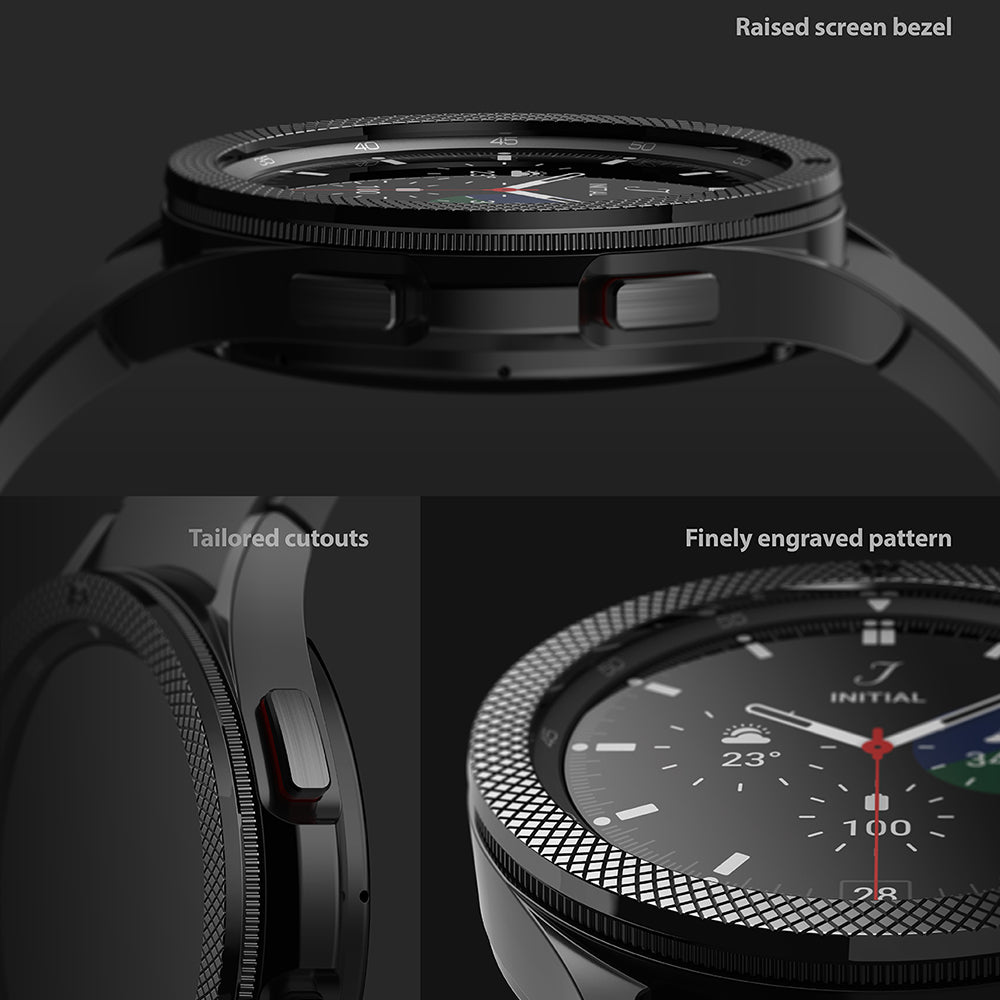 Galaxy Watch 4 Classic 46mm | Bezel Styling - Close-up of watch bezel featuring raised edges, tailored cutouts, and a finely engraved pattern.