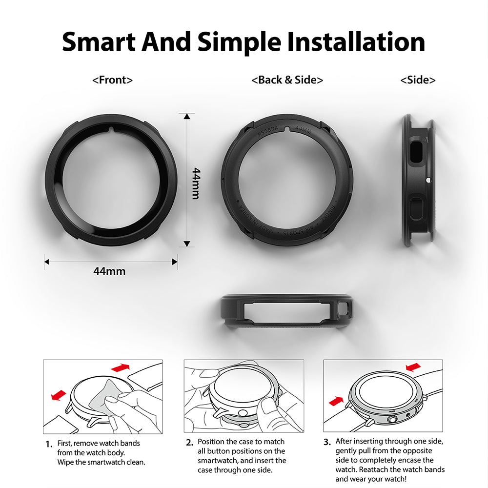 Galaxy Watch 4 (44mm) Case | Air Sports - Three views of a black watch case with installation steps for the smartwatch.