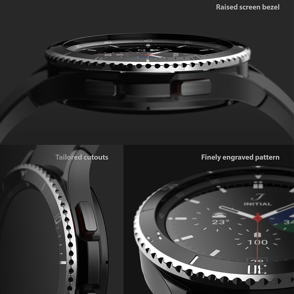 Galaxy Watch 4 Classic 46mm | Bezel Styling - Galaxy Watch 4 Classic 46mm | Close-up of watch bezel showing raised screen, tailored cutouts, and engraved pattern.