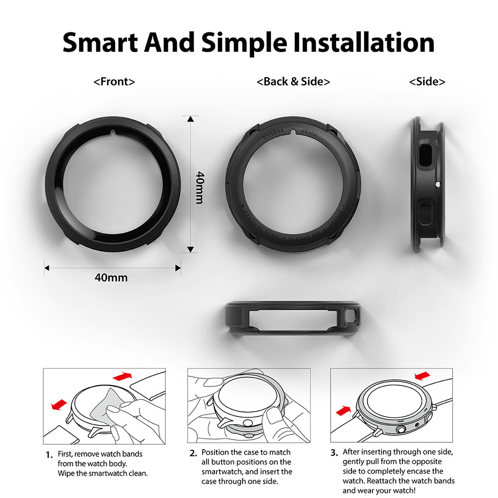 Galaxy Watch 4 (40mm) Case | Air Sports - Diagrams showing dimensions and three-step installation guide for a black watch case.