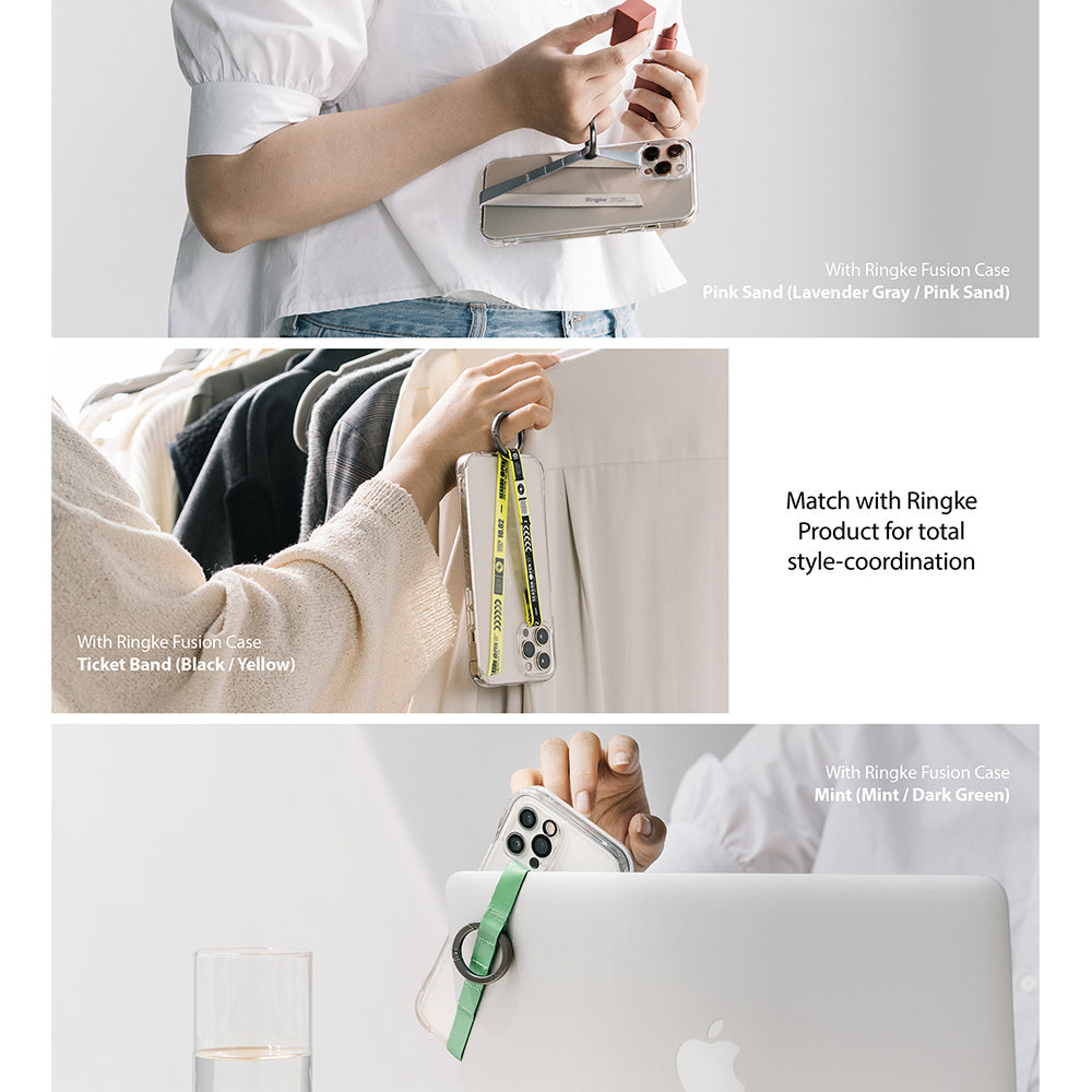 Ring Band Strap - Three views of smartphones in clear cases with various colorful ring band straps attached.