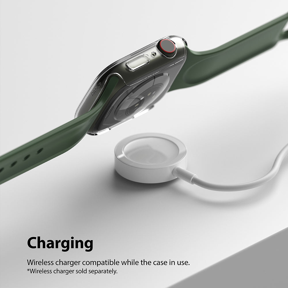 Apple Watch 9 / 8 / 7 (45mm) Case | Slim - Clear protective case on an Apple Watch with a green band hovering over a wireless charger.