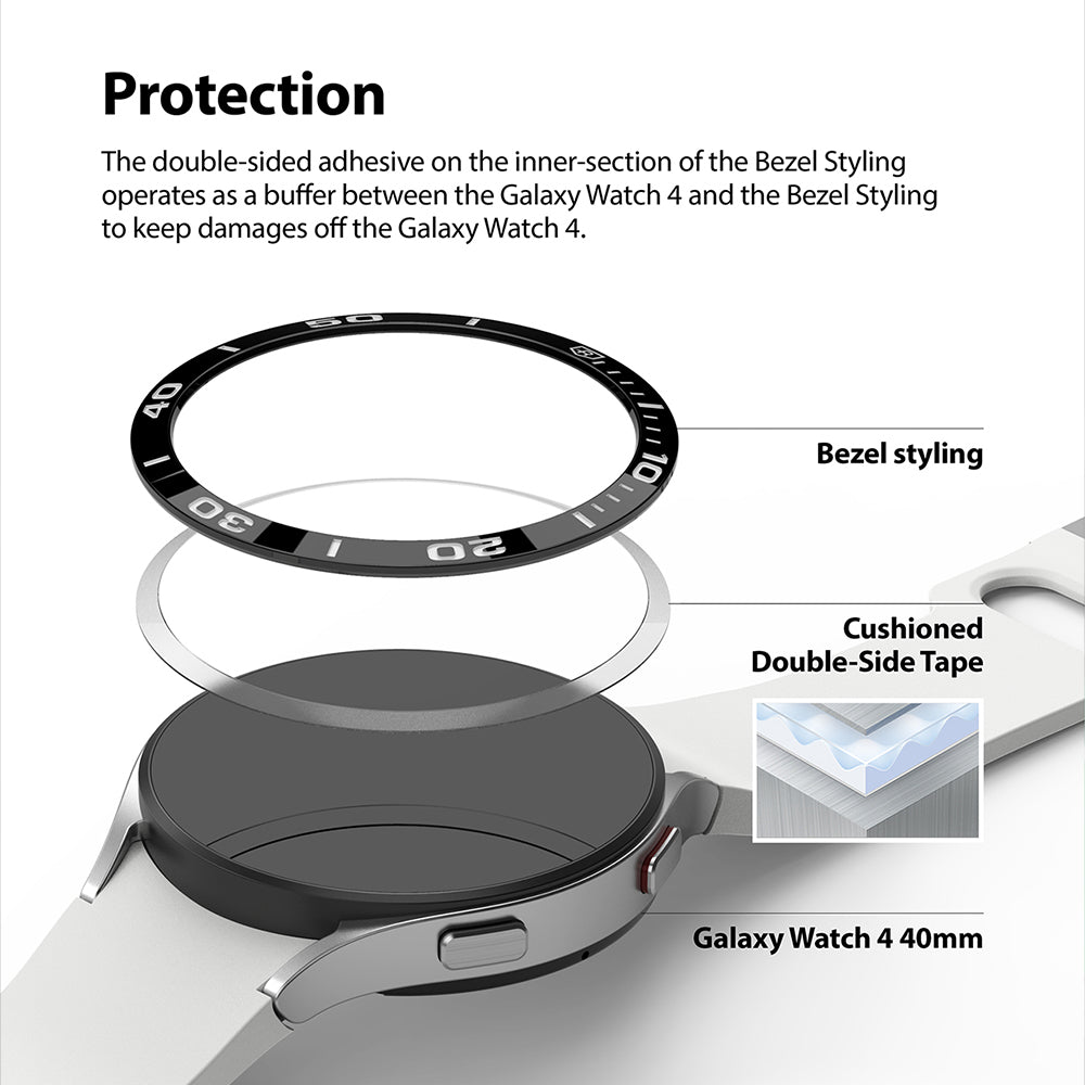 Galaxy Watch 5/4 40mm | Bezel Styling - Exploded view showing bezel, adhesive ring, and watch body with a close-up of the tape.