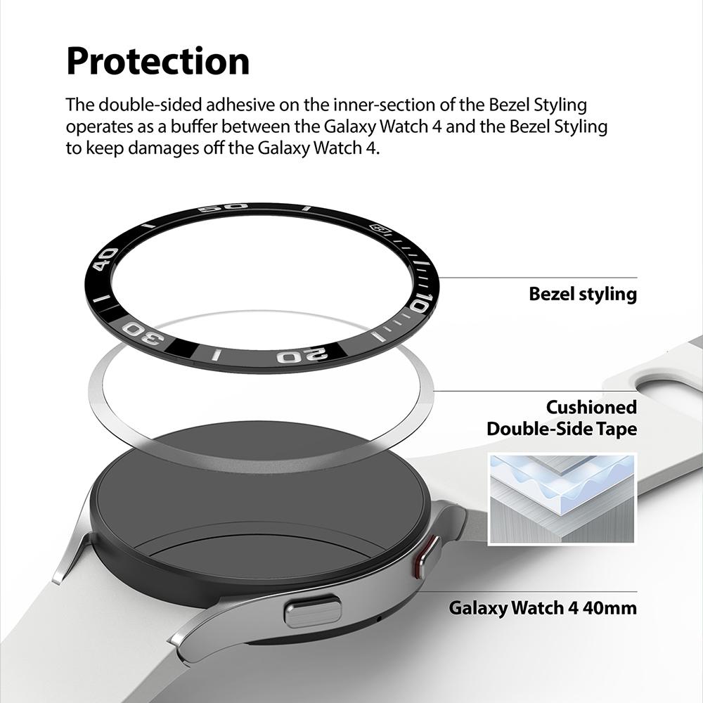 Galaxy Watch 5 / 4 (40mm) | Bezel Premium Styling - Exploded view showing bezel ring, adhesive, and Galaxy Watch 4.