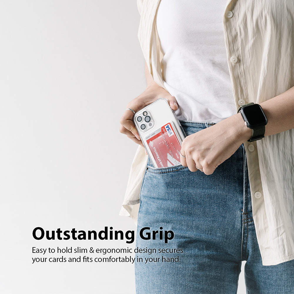 Card Holder | Magnetic Slot - Person holding a clear phone case with a credit card in a magnetic slot, tucked into a pocket.