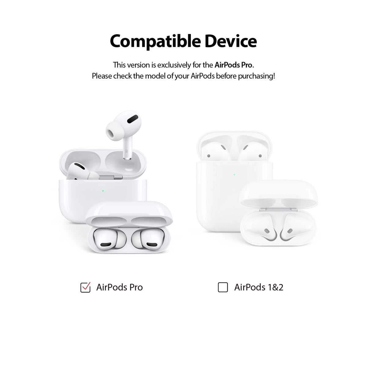 Ringke Airpods Pro Dust Guard Sticker - Comparison showing AirPods Pro compatibility versus AirPods 1 and 2 models.
