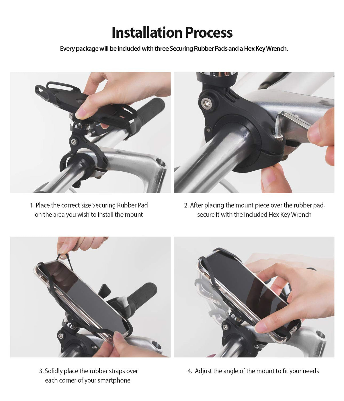 Spider Grip Bike Mount - Four-step installation guide showing how to attach the mount to handlebars and secure a smartphone.
