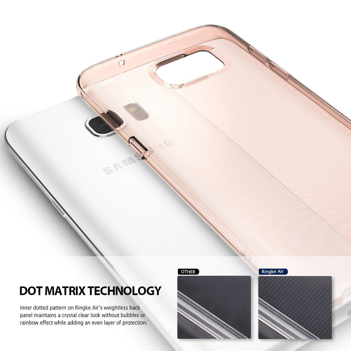 Galaxy S7 Edge Case | Air - Rose gold transparent phone case on a white Samsung Galaxy S7 Edge with dot matrix detail.