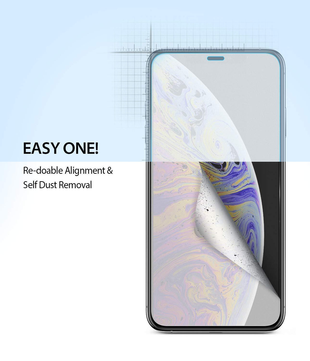 iPhone XS Screen Protector | Dual Easy Film - A screen protector being applied to an iPhone XS with alignment text.