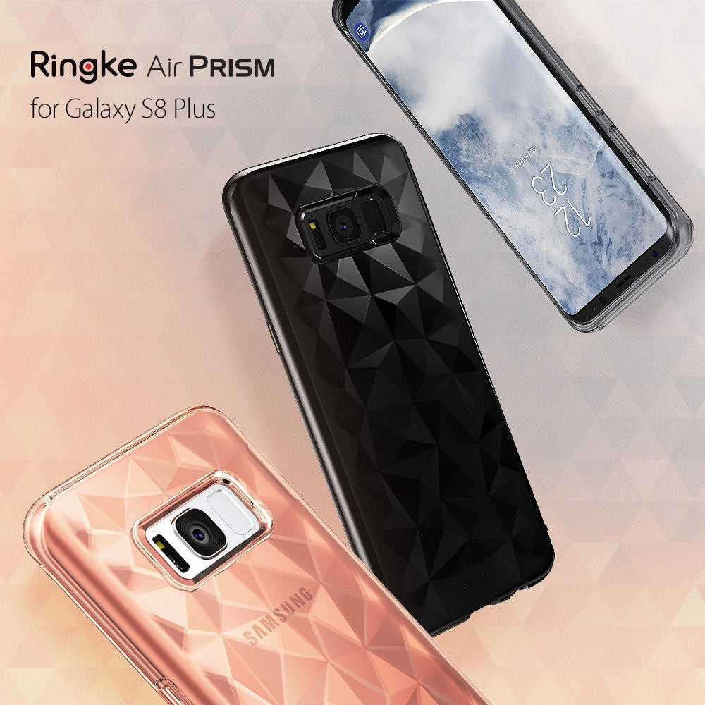 Galaxy S8 Plus Case | Air Prism - Black and rose gold geometric prism-patterned phone cases shown from back and front.
