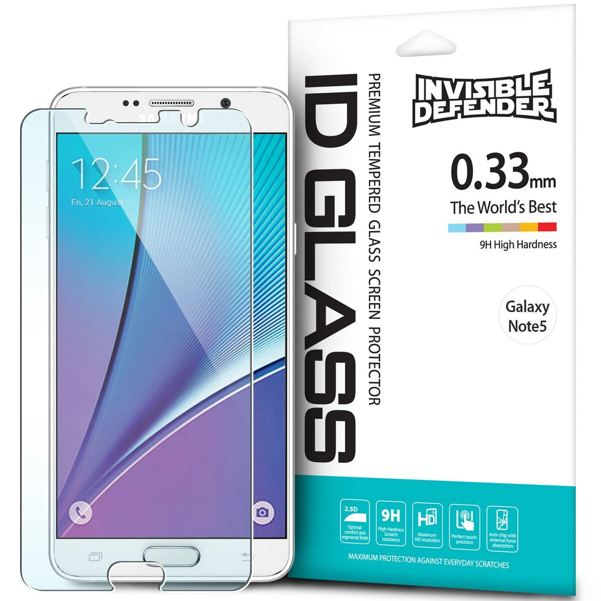 Galaxy Note 5 Screen Protector | Glass - Galaxy Note 5 Screen Protector - Transparent tempered glass screen protector next to its white retail packaging box.