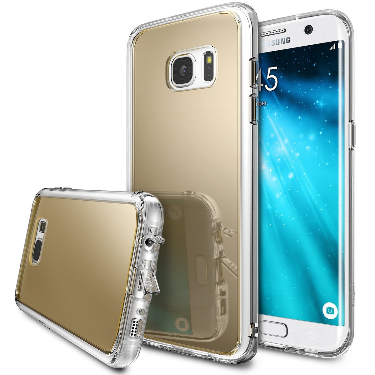 Galaxy S7 Edge Case | Mirror - Gold mirror-finish phone case with clear bumper shown on and off a Samsung Galaxy S7 Edge.