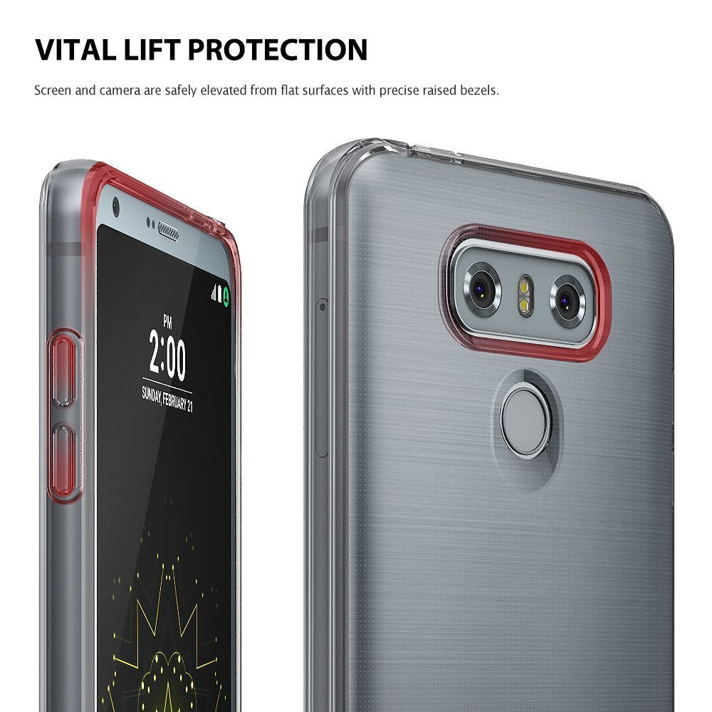 LG G6 Case | Air - Front and back views of a clear phone case with red accents highlighting raised bezels for protection.