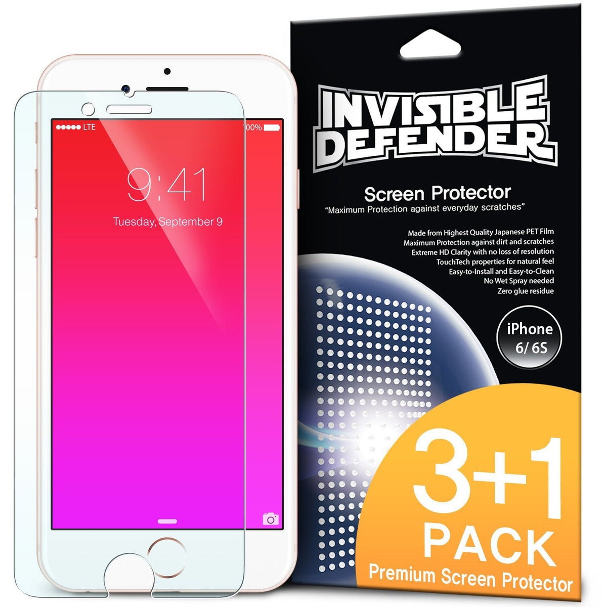 iPhone 6s / 6 Screen Protector | Invisible Defender - A clear screen protector film next to its 3+1 pack retail box.