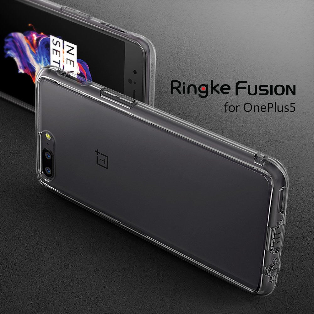 OnePlus 5 Case | Fusion - Clear protective phone case on a OnePlus 5 smartphone against a dark textured background.