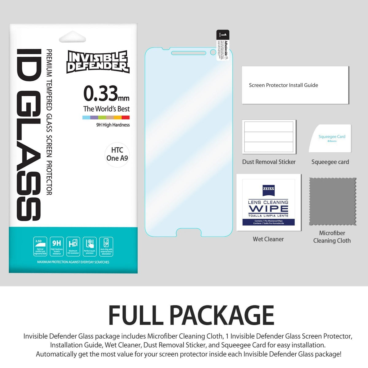 HTC One A9 Screen Protector | Invisible Defender Glass - HTC One A9 Screen Protector - Invisible Defender glass kit with screen protector, cleaning wipe, squeegee, and guide.